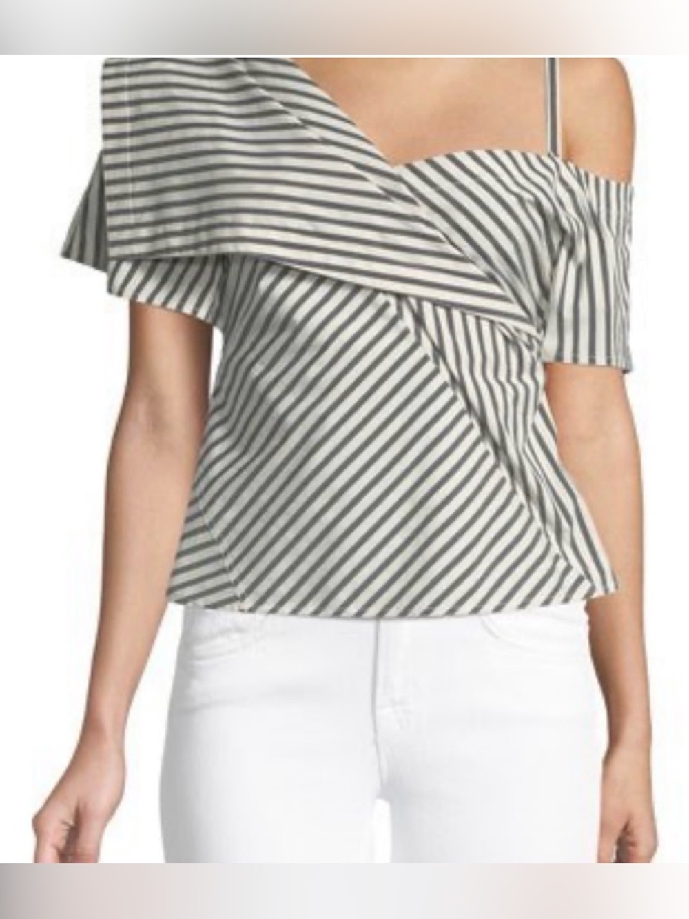 Theory Hartman Gingham white/gray diagonal striped blouse off the shoulder sz S